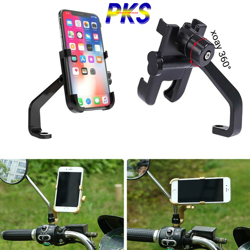 Giá Đỡ Kẹp Điện Thoại Gắn Xe Máy Kim Loại Xoay 360 - Màu đen