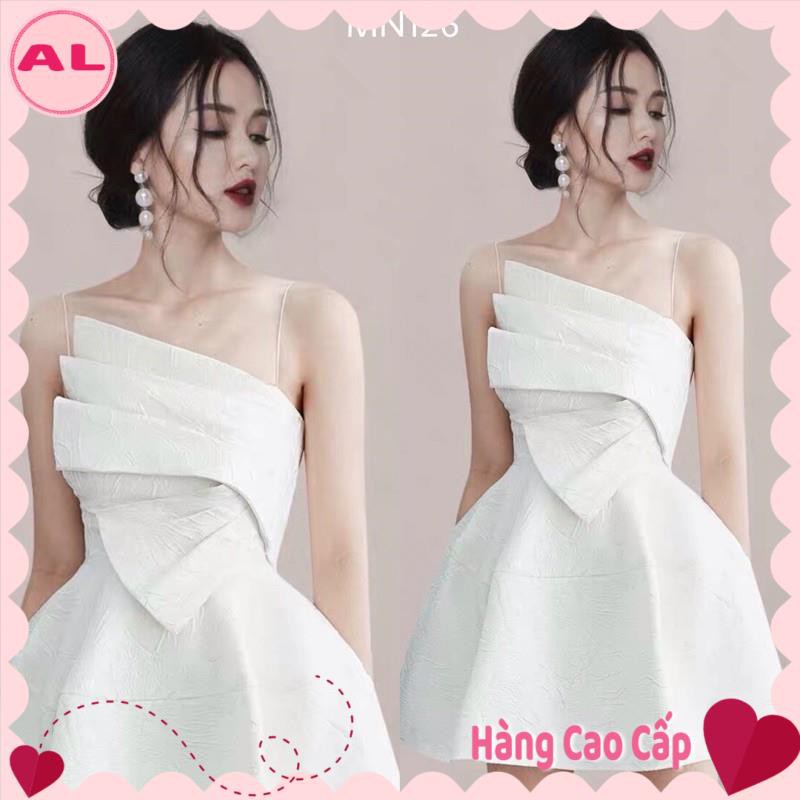 Đầm dự tiệc sang trọng | Váy Trắng | gấm hai dây xoè đắp nơ ngực dự tiệc đi chơi dạo phố sang trọng(CÓ ĐỆM NGỰC)