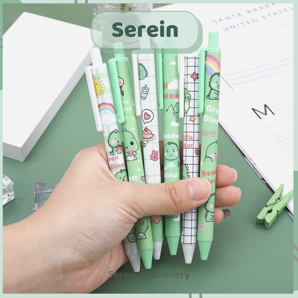Bút bi bấm hoạt tiết khủng long SEREIN mực đen ngòi 0.5mm, bút bi gel dễ thương văn phòng phẩm phong cách Hàn Quốc