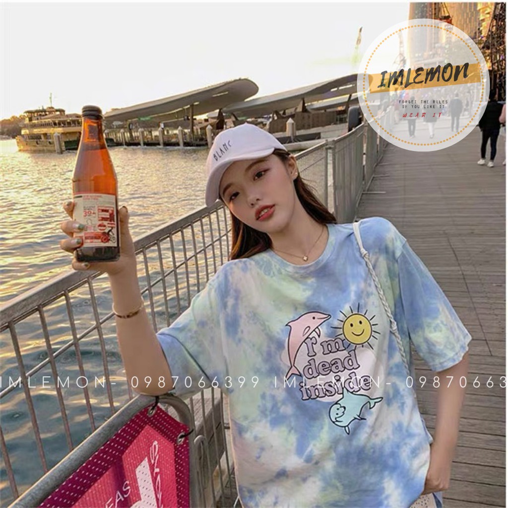 Áo Thun Tay Lỡ Nam Nữ TIE- DYE Loang 2 MÀU IN HÌNH IM DEAD INSIDE SIÊU CUTE