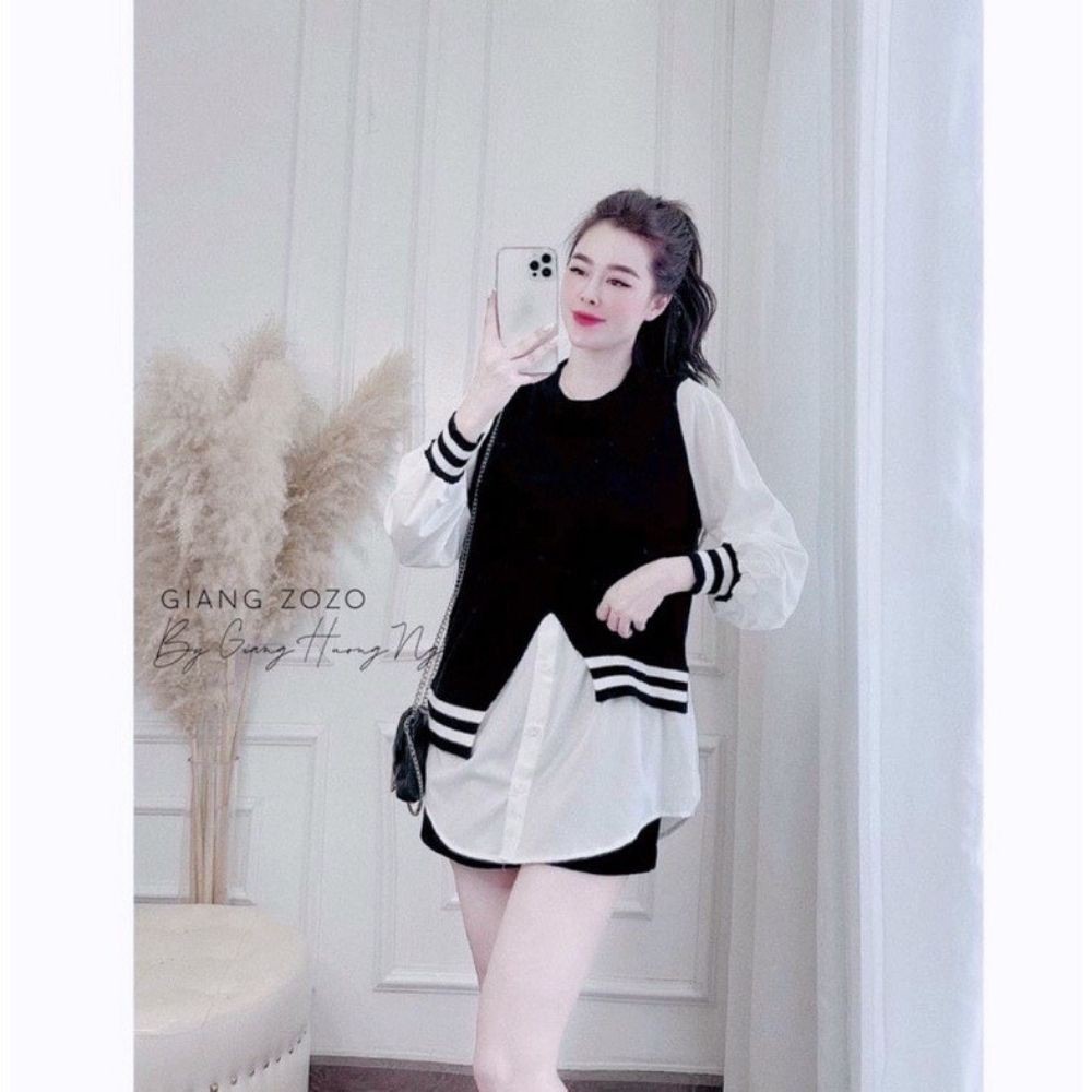 Áo sơ mi trắng kiểu nữ phối ghile tay dài bo len freesize KimDesign A006