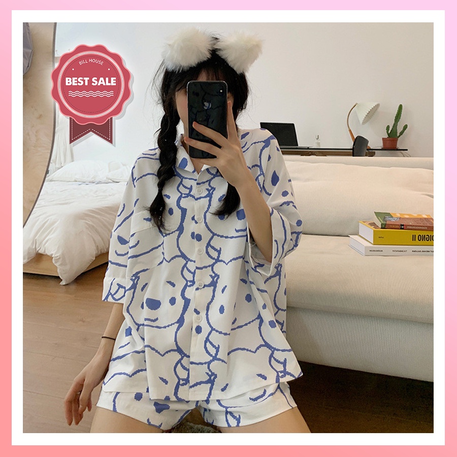 Đồ bộ nữ pijama mặc nhà, bộ ngủ dễ thương quần cộc áo cộc chất vải thô hàn mềm cho mùa hè PJMCOC05