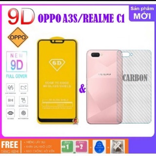 Kính cường lực full màn 9D cho oppo A3s /Realme C1 tặng keo chống hở mép