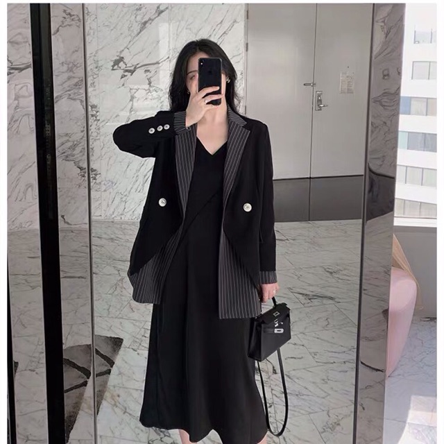 Áo khoác blazer nữ cá tính thiết kế Quảng Châu - Áo blazer đen kẻ thời trang