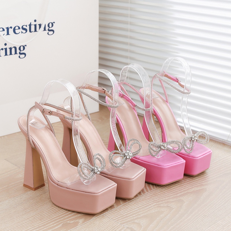 Giày Cao Gót Trong Suốt Đính Đá Trang Trí Hình Nơ Xinh Xắn Thời Trang Cho Nữ Size 35-42