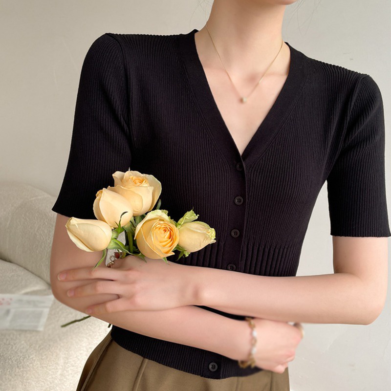 Áo Cardigan Dệt Kim Tay Ngắn Cổ Chữ V Màu Sắc Trơn Thời Trang Mùa Hè Dành Cho Nữ