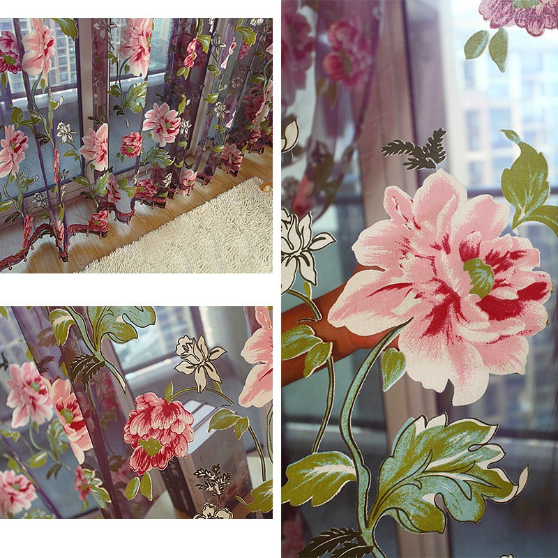 Rèm cửa bằng voan với họa tiết hoa mẫu đơn theo phong cách Châu Âu