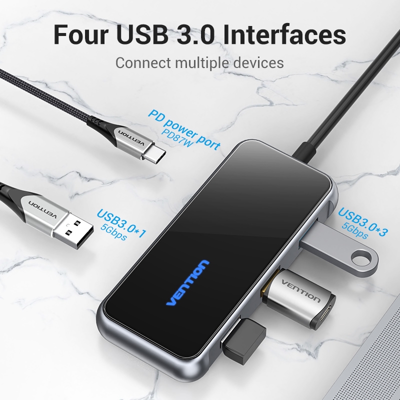 Trạm sạc đa năng VENTION chuyển đổi USB-C sang USB3.0x4 / PD bề mặt gương cho Laptop PC