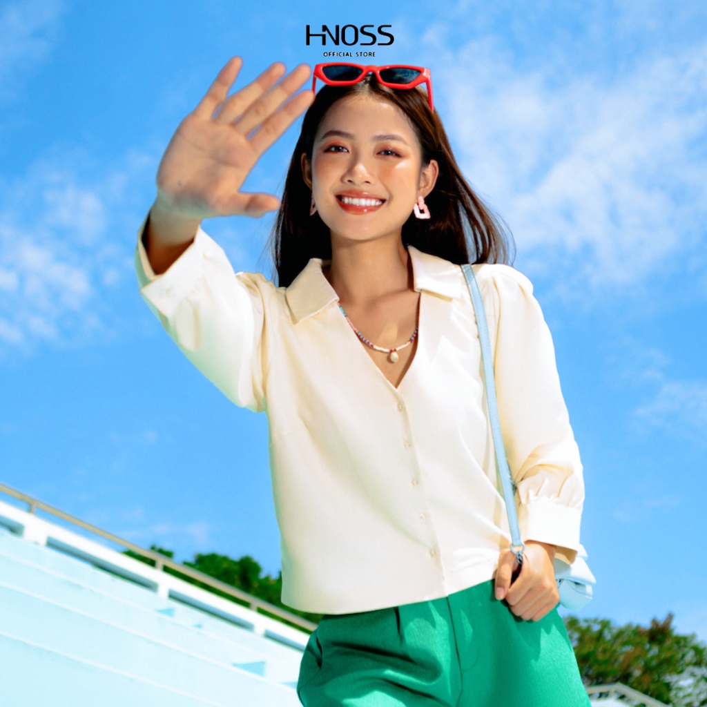 Áo Kiểu Sơmi Thời Trang Nữ HNOSS Tay Dài Cổ Chữ V HNAKI062