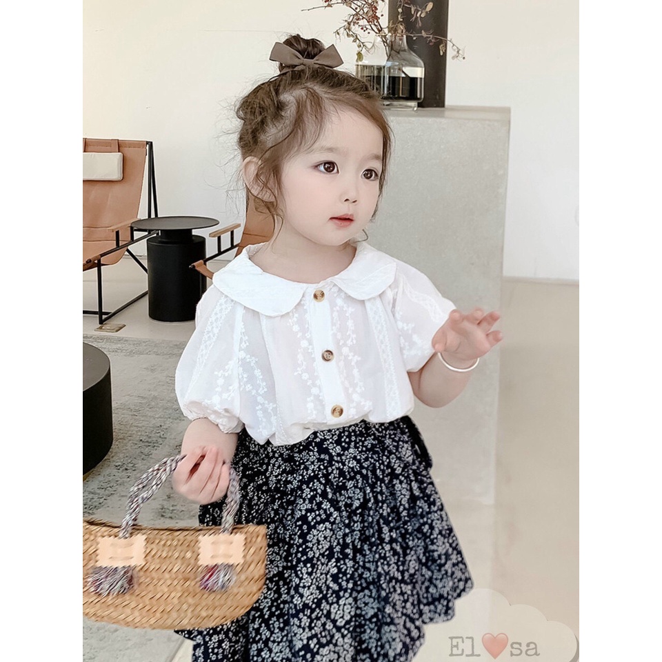 Set Yếm Chân Váy Thô Hoa Kèm Áo Cộc Tay Điệu Đà Cho Bé DOBO040