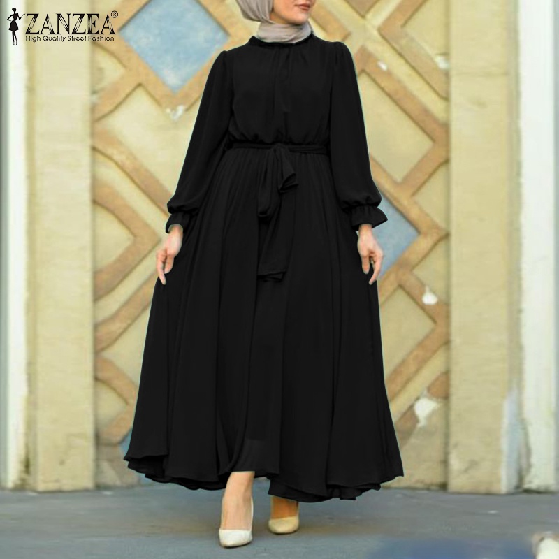 Đầm maxi Zanzea tay dài cổ tròn màu trơn phong cách retro cho phụ nữ Hồi Giáo