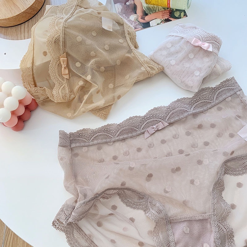 Quần Lót Lưới Siêu Mỏng Lưng Cao Họa Tiết Chấm Bi Phong Cách Nhật Bản Cho Nữ