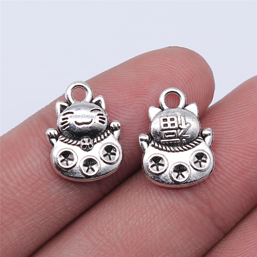 CHARMS Bộ 10 Mặt Dây Chuyền Bạc Hình Mèo May Mắn 15x11mm