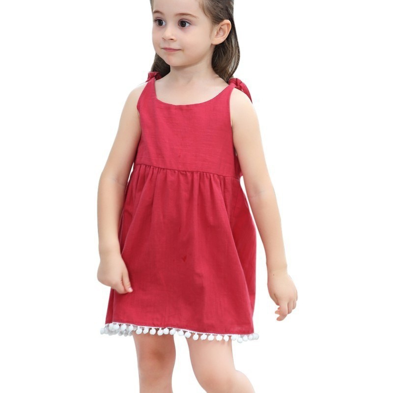 Đầm công chúa cotton đỏ có ren bông vải dưới chân váy cho bé gái -Hàng nhập khẩu