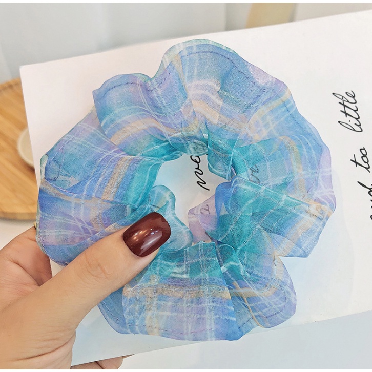 Dây buộc tóc Scrunchies vài voan kẻ mềm xinh xắn HD73