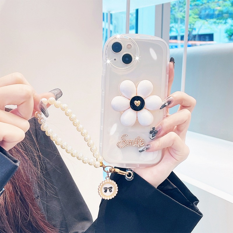 Ốp Điện Thoại Họa Tiết Hoa Đính Ngọc Trai Kèm Giá Đỡ Và Dây Đeo Cho iphone 15 14 13 12 11 pro max 7 8 plus x xs max xr se 202