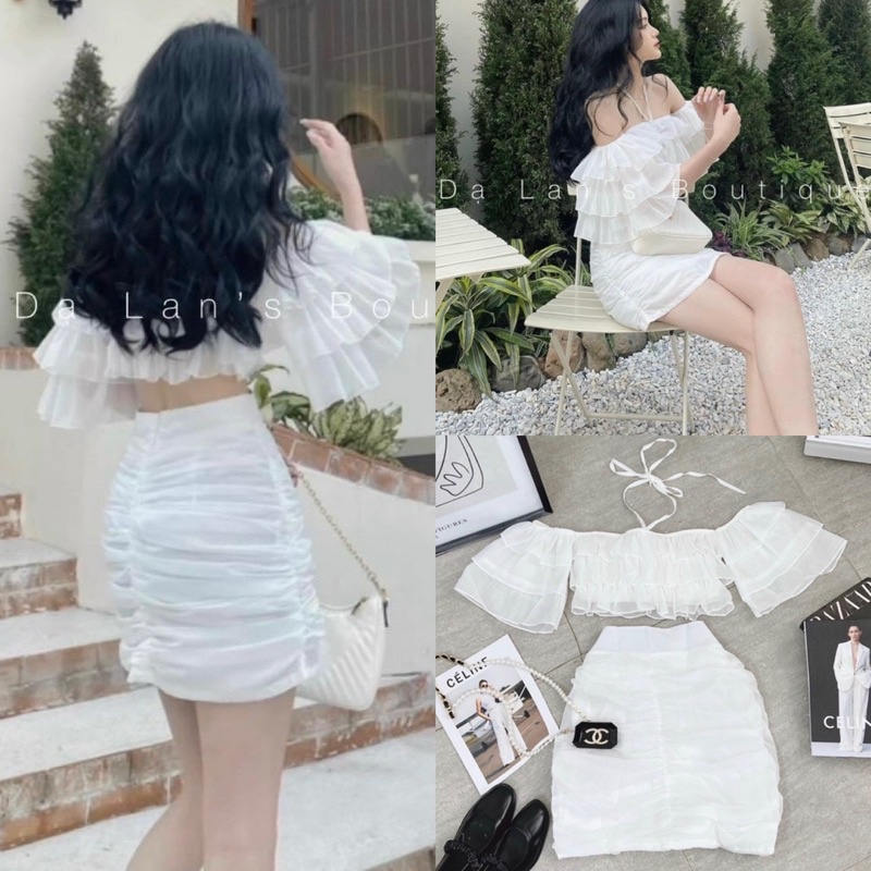 Set áo kiểu croptop bèo tầng hở/bẹt/trễ/rớt vai kèm chân váy ôm nhún trắng, thời trang hot girl đi chơi dạo phố dự tiệc