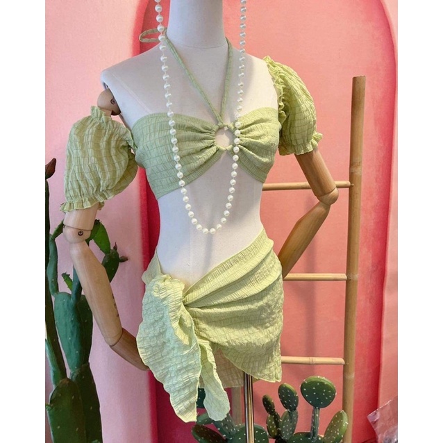 SET 3 MÓN BIKINI, ĐỒ BƠI HAI MẢNH TAY BỒNG TRỄ VAI PHỐI KHOEN ÁO KÈM KHĂN QUẤN SEXY - ODERI BM-110