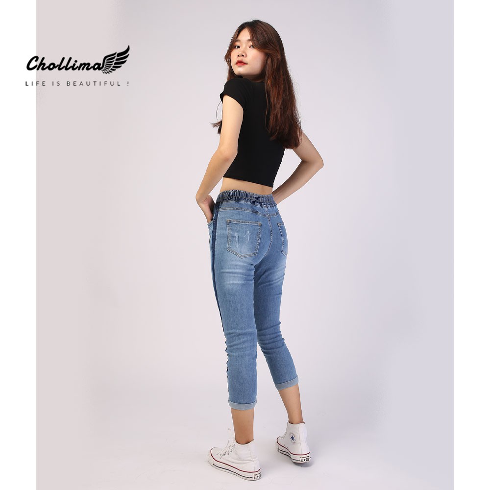 Quần jeans nữ lưng thun Chollima 2 viền màu xanh nhạt QD019 - Quần bò 9 tấc lưng thun | BigBuy360 - bigbuy360.vn