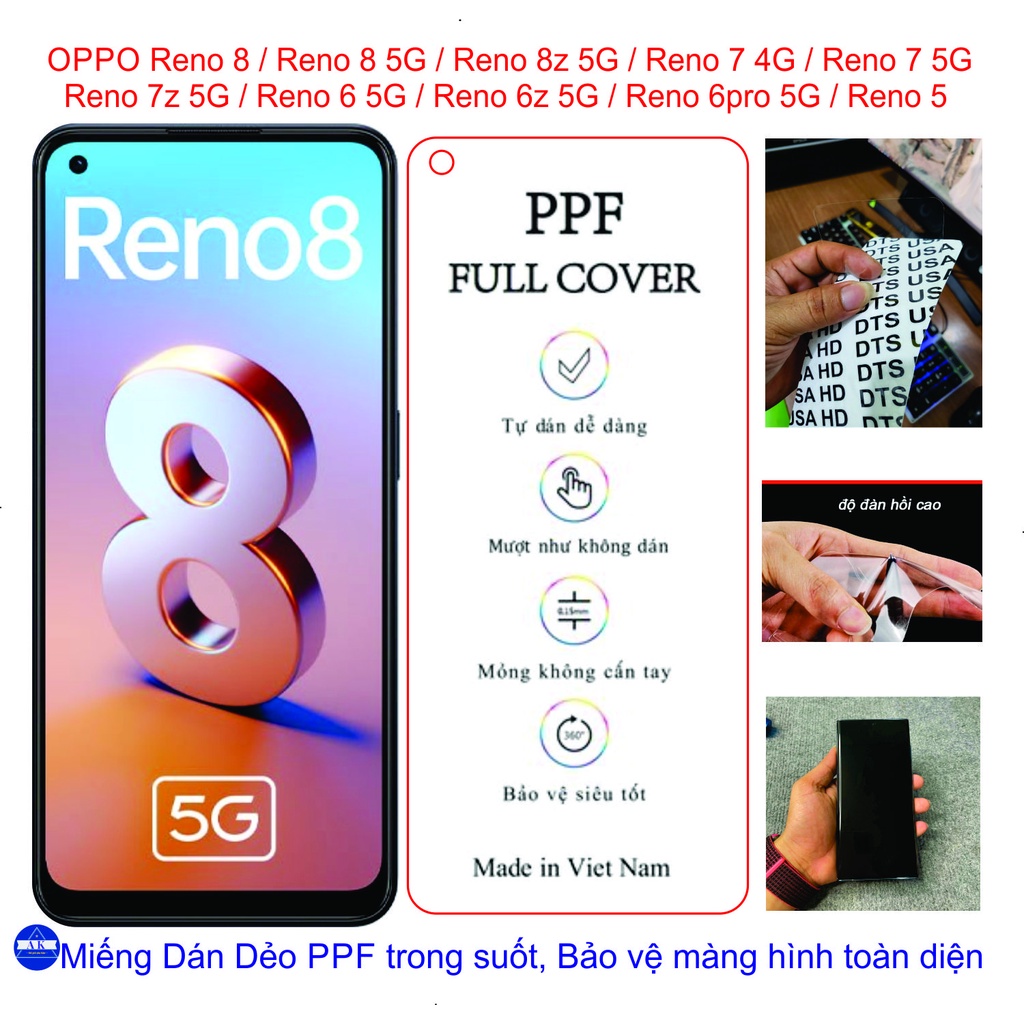 Miếng Dán Dẻo PPF Full mặt trước OPPO Reno 8 / Reno 8 5G / Reno 8z 5G / Reno 7z 5G / Reno 7 / Reno 7 5G / Reno 7z 5G..