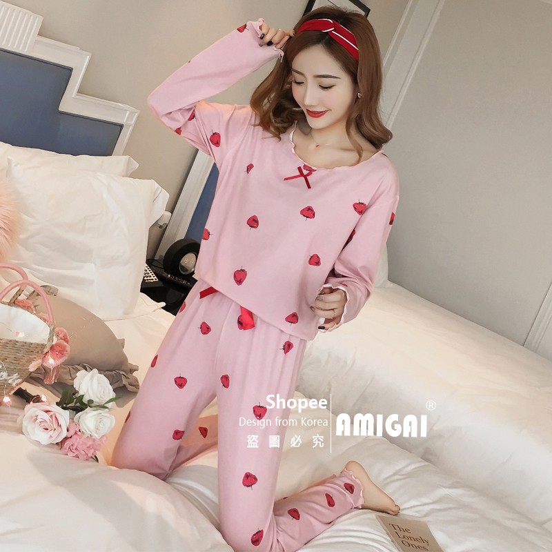 Bộ Đồ Ngủ Vải Lụa Tay Dài Kiểu Hàn Quốc Xinh Xắn Cho Nữ