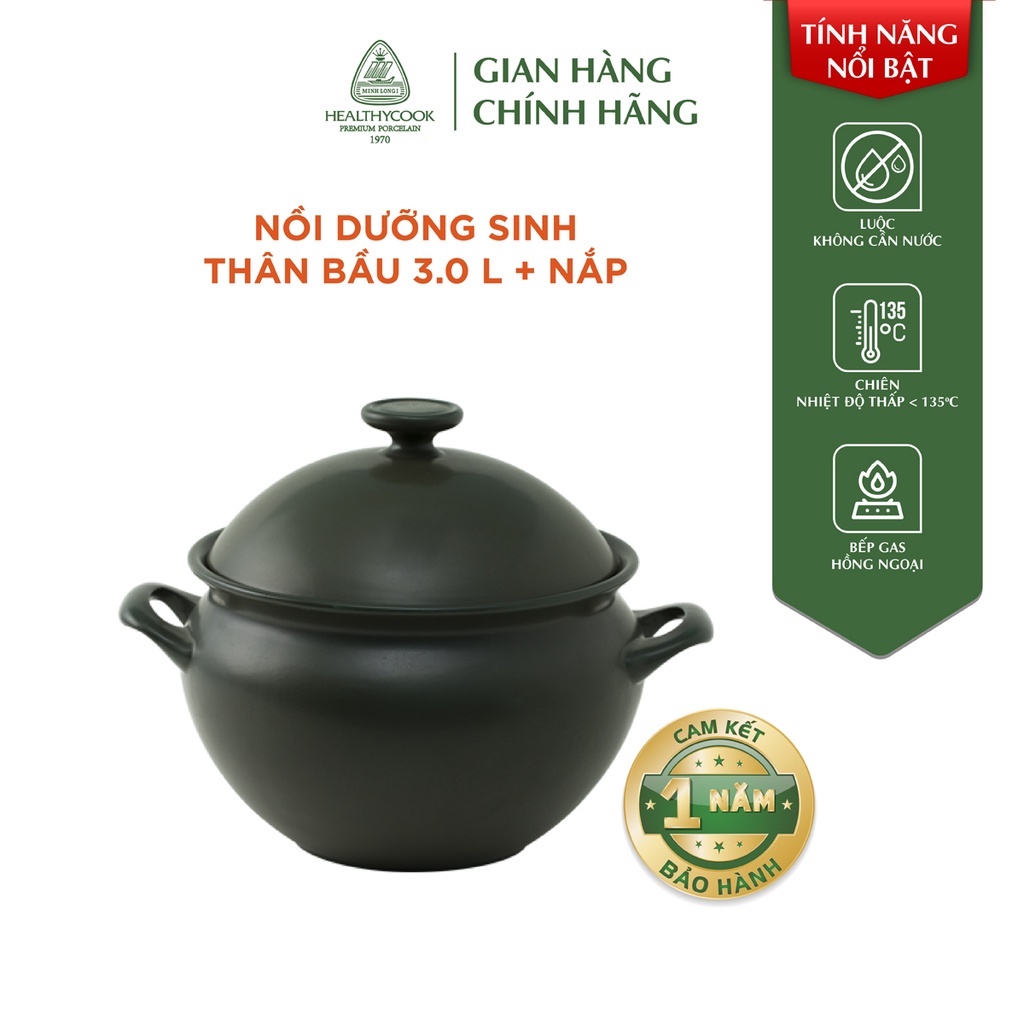 Nồi sứ dưỡng sinh Minh Long thân bầu 3.0 L + nắp dùng cho bếp gas, bếp hồng ngoại, không dùng cho bếp từ