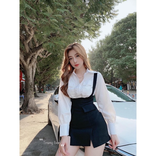 Set váy yếm sơ mi cute hột me 💗 Đơn giản ma xinh trẻ ra nhé 🤣 Váy yếm có lót quần trong 2 món tách rời