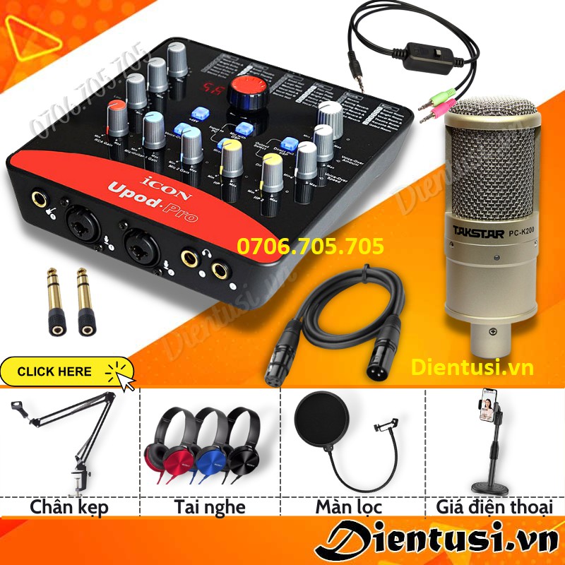 MIC THU ÂM K200 + SOUNDCARD UPOD PRO - Tặng Kèm Tai Nghe Kiểm Âm