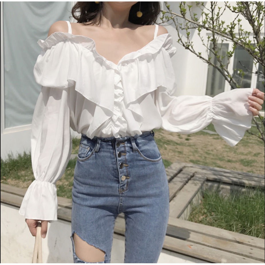 Áo Sơ Mi Trắng Tay Dài Chất Chiffon Thiết Kế Trễ Vai Quyến Rũ