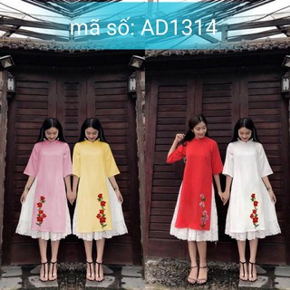AD1314 Có size 4XL Set Áo Dài Cách Tân Suông cổ trụ đính hoa mai thêu kèm váy .