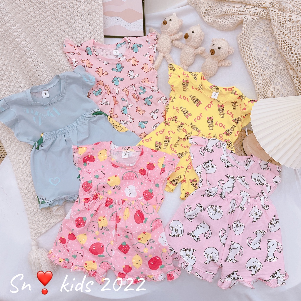 Bộ cộc tay bé gái, bộ cotton hình Quảng Châu áo cánh tiên quần bèo thấm hút tốt cho bé