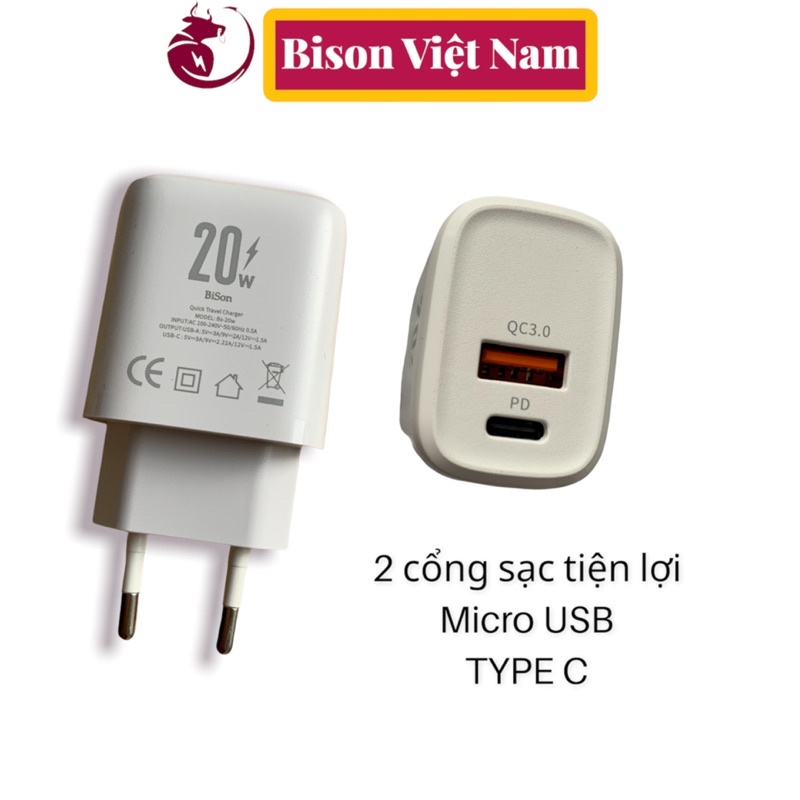 Sạc nhanh Bison 20W 2 cổng chính hãng bảo hành 12 tháng