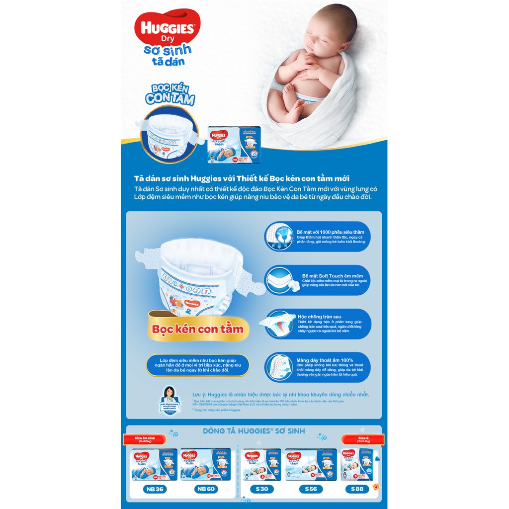 Tã dán Huggies NB58+2/ NB74/ S56/ S88 mẫu mới ( bọc kén con tằm )