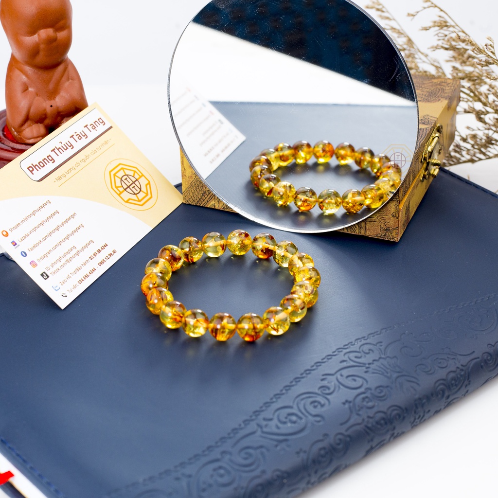 Vòng Tay Phong Thủy Hổ Phách Amberr Tự Nhiên [TẶNG HỘP GỖ] nam nữ mệnh Thổ Kim - Phong Thủy Tây Tạng
