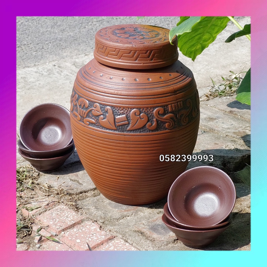 (Free ship) Set bộ chum sành Bát Tràng đắp hoa sen cổ thể tích 3 lit kèm 6 bát hàng loại 1
