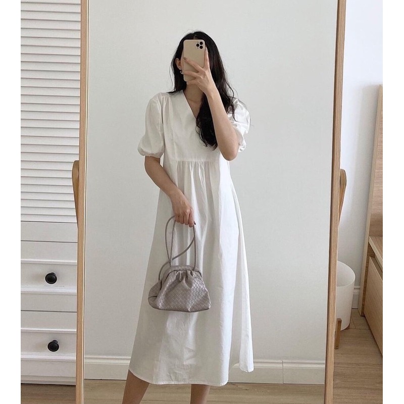 Đầm babydoll form dài trắng đen xanh cổ V tay phồng