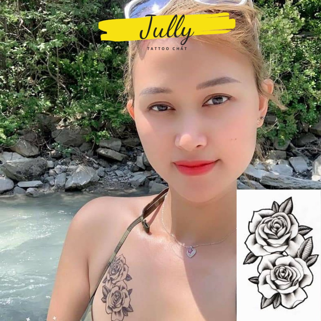 Hình xăm dán, xăm tạm thời hoa hồng đen 2 bông nghệ thuất cho cả nam và nữ JULLY Tattoo chất