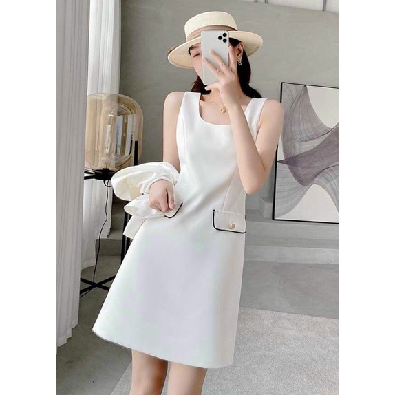 Đầm thời trang nữ mặc đi chơi chất cotton lạnh tiểu thư kèm áo khoác công sở tay ngắn màu trắng