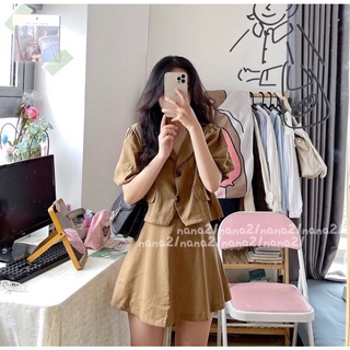 [SALE] Set áo sơ mi đũi cổ vest tay phồng kèm chân váy ngắn - Lumii