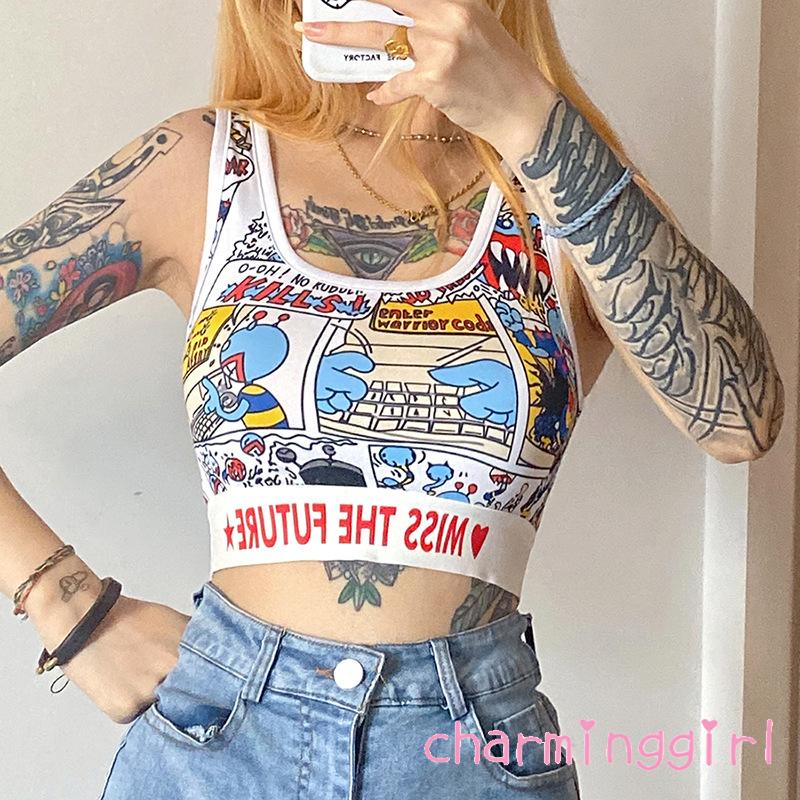 Áo Croptop Sát Nách In Họa Tiết Xinh Xắn Gợi Cảm Dành Cho Nữ