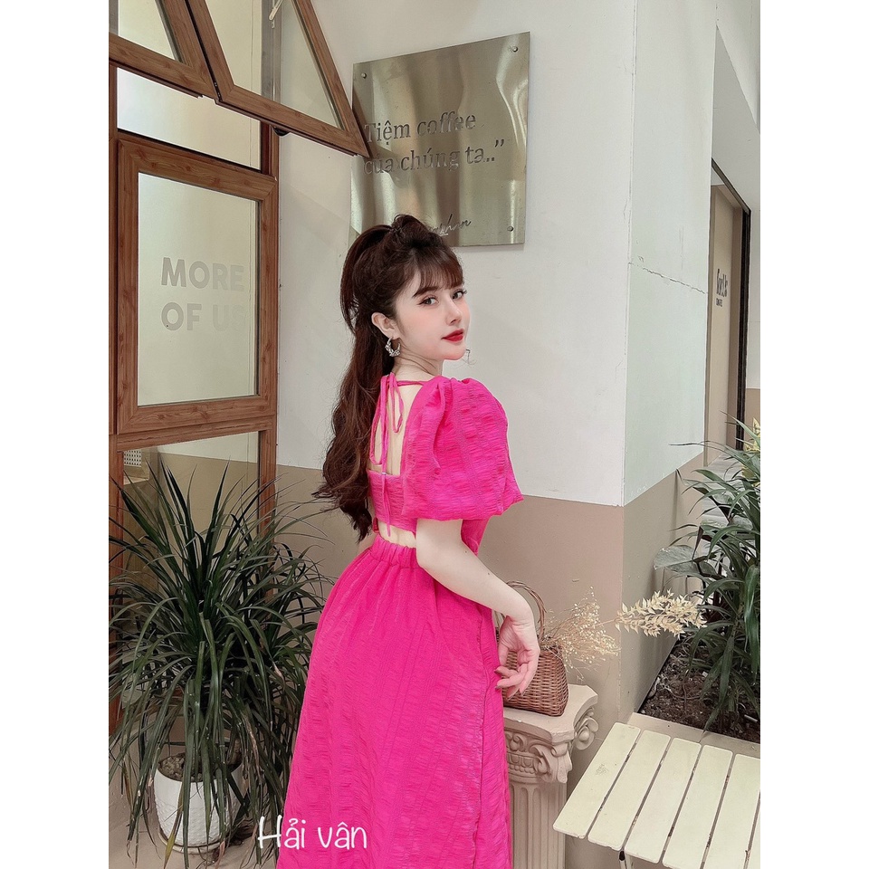 Váy Khoét Lưng Thắt Nơ Cổ, Đầm Tay Phồng Dáng Xòe Thiết Kế 2 Lớp Có 3 Màu Trắng, Hồng, Xanh Cốm