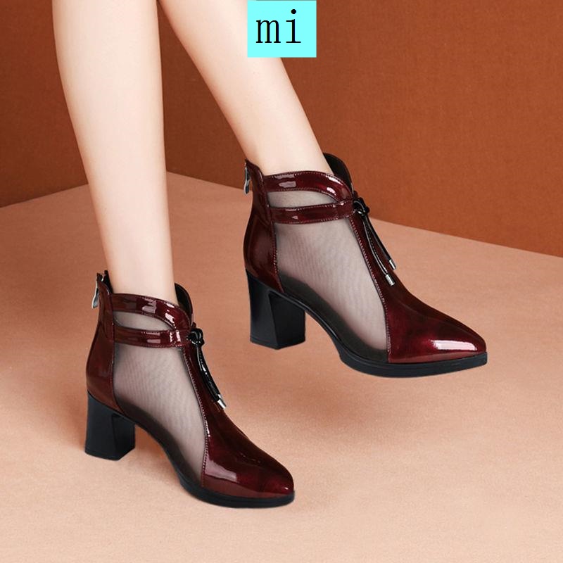 Giày bốt da cổ thấp đế dày phối lưới thoáng khí thời trang xuân hè sang trọng cho nữ