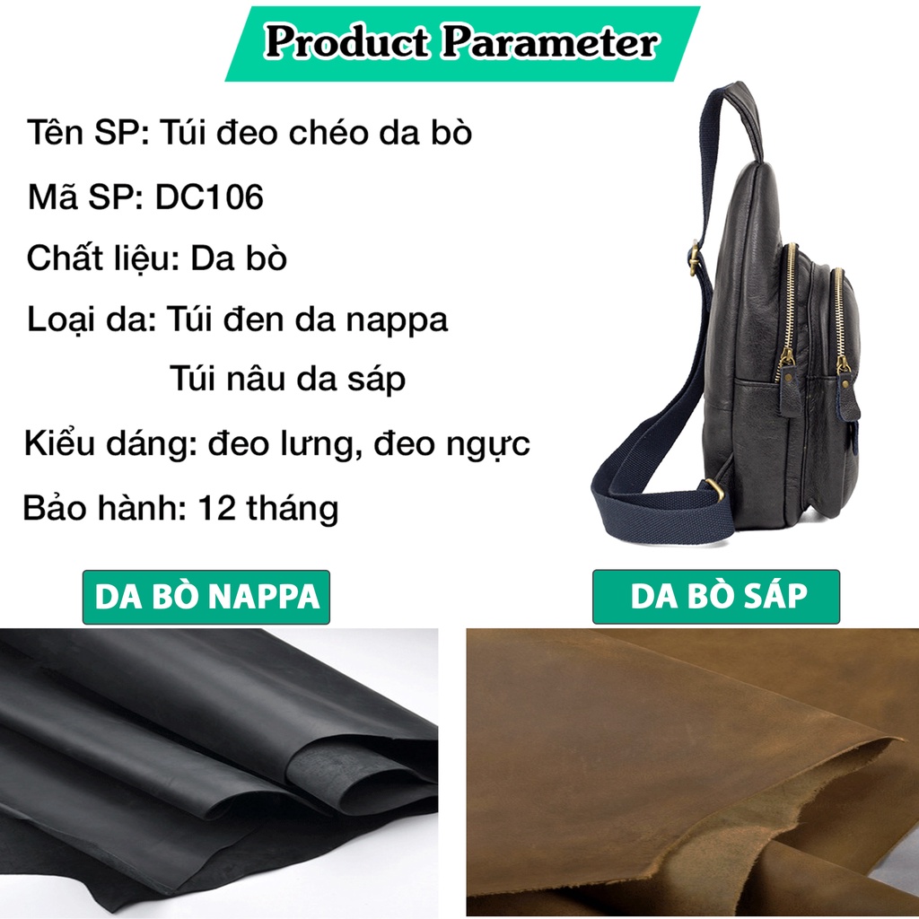 Túi đeo chéo da bò Bụi Leather - DC106 Da bò pullup, Da bò sáp ngựa điên- Crazy horse cao cấp BH 12 tháng