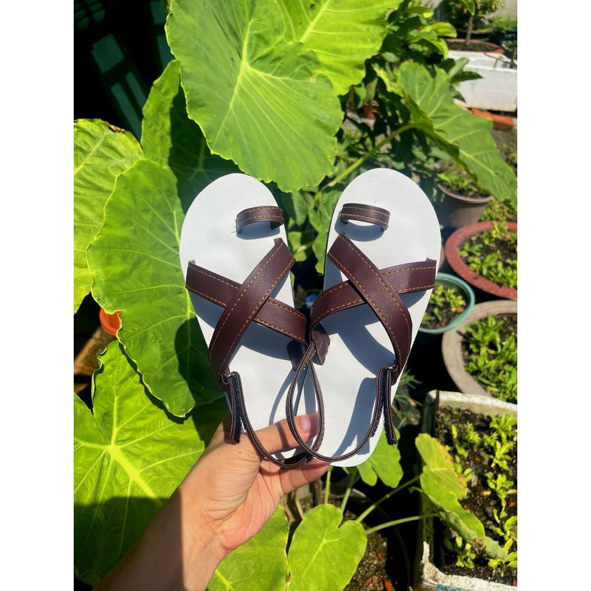 Dép quai hậu nữ nam, SANDALTHOITRANG Dép sandal nữ xỏ ngón quai chéo  A24 Trắng Nâu/Đen full size 30-44