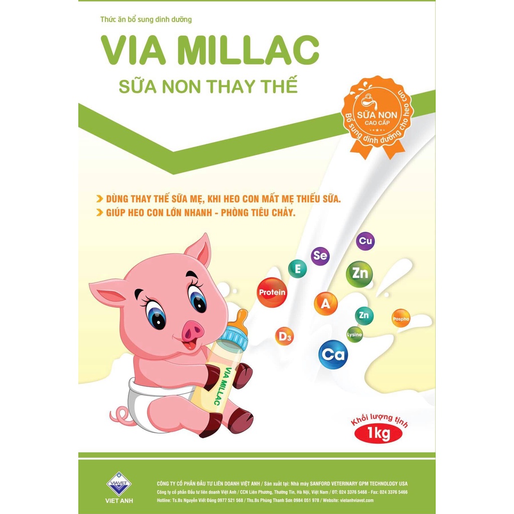 Sữa non cho heo - lợn con VIA MILLAC thay thế sữa mẹ, giúp heo con mau lớn tăng trưởng nhanh Gói (1kg)