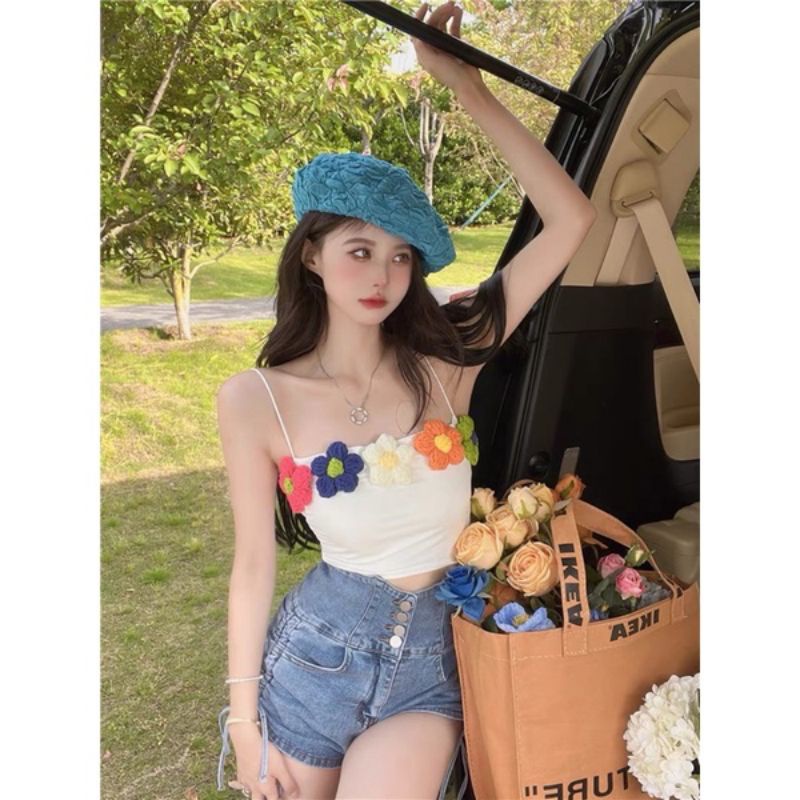 ÁO CROPTOP HAI DÂY PHỐI HOA ĐAN THÊU 7 Màu D9