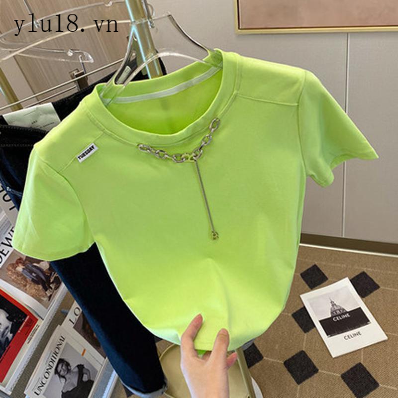 Áo Thun Tay Ngắn Phối Dây Xích Bằng Cotton Nguyên Chất Phong Cách Mới Mùa Hè 2022