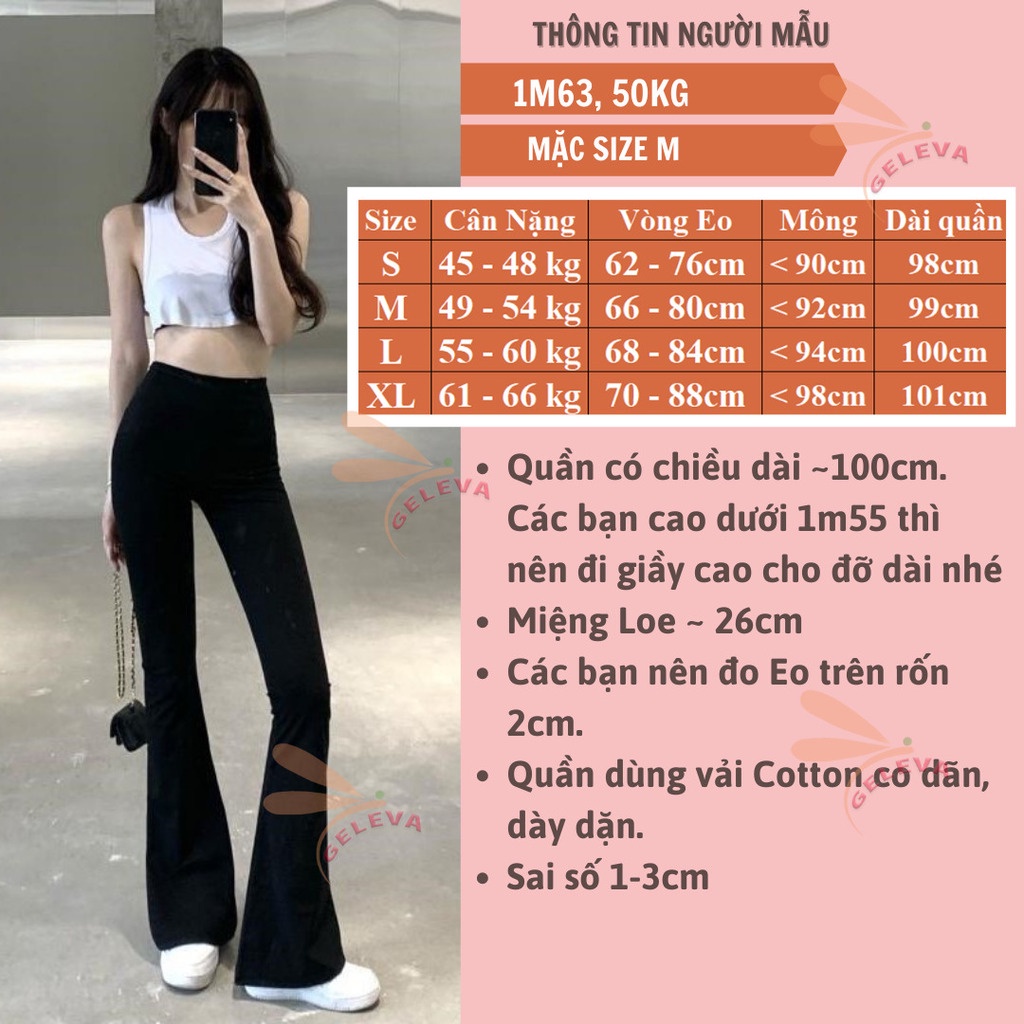 Quần ống loe nữ lưng cao vải thun cotton co dãn form chuẩn hack dáng, Quần legging nữ ống loe màu đen Geleva LEG429