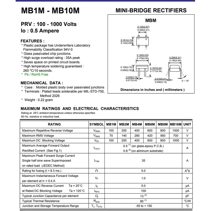 Diode cầu MB10M 1000V 1A chân cắm chính hãng