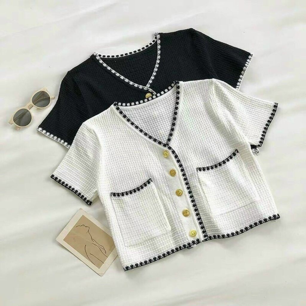 Áo Kiểu Nữ Cổ V Ngắn Tay GenY Áo Croptop Nữ Kiểu Sơ Mi Chất Len Tăm Mềm Mịn | BigBuy360 - bigbuy360.vn